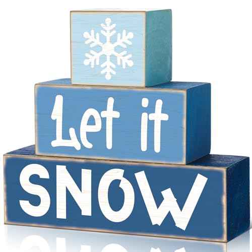 3 Pcs Winter Let It Snow Tiered Tray Decor Table Sign Winter Theme Wood Decorations Centerpiece Decor for Party Gift Desk(Stylish Style)