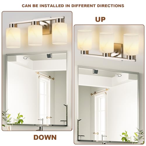 Brushed Nickel 3-Light Bathroom Vanity Light Fixture with White Marble Glass - Modern Wall Lamp