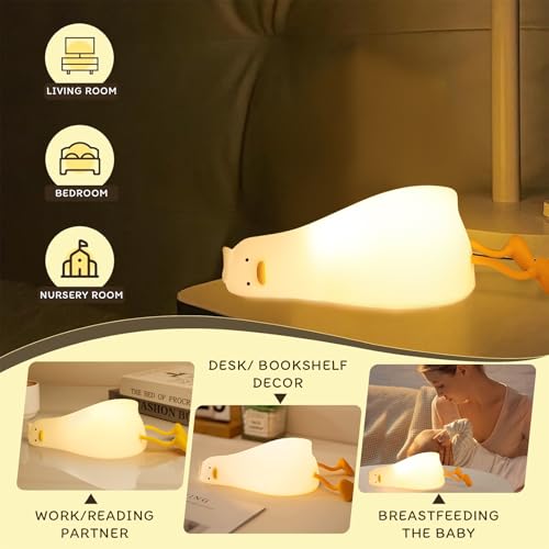 Silicone Night Light for Kids - Squishy Duck Lamp, 3-Level Dimmable & Rechargeable Baby Night Light for Breastfeeding & Nursery | Touch Control, Lying Flat Design, Toddler Safe (Ducky Lay Light)