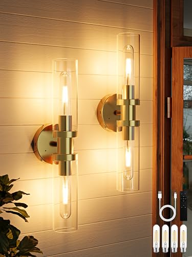 Rayogale 16.5 Inch Gold Battery-Operated Wall Sconces with Clear Lampshades, 2 Pack