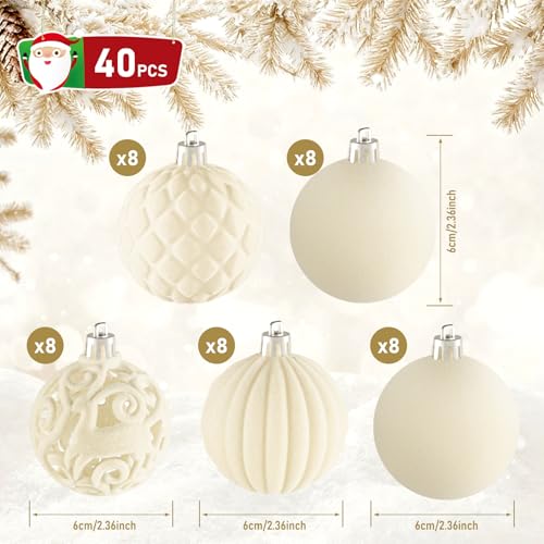 40 pcs Cream Yellow Velvet Christmas Tree Ornaments - Shatterproof Holiday Decor