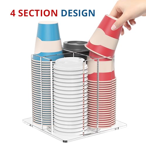 Clear Rotating Cup and Lid Holder Organizer, 4 Compartments for Coffee Station