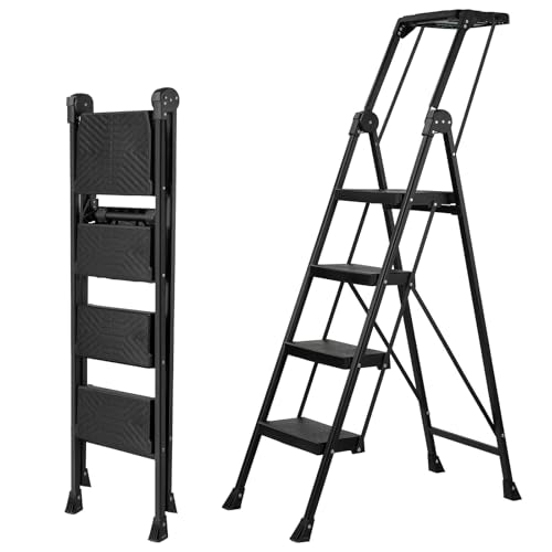 XinSunho 4 Step Ladder, Heavy Duty Steel with Foldable Handrail &
