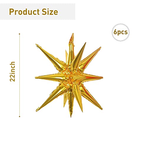 6 Pcs Gold Star Foil Balloons One-Piece 14-Pointed Star Balloon 4D Starburst Cone Mylar Balloon 22inch Christmas Birthday Wedding Wedding Anniversary Party Supplies(Gold)