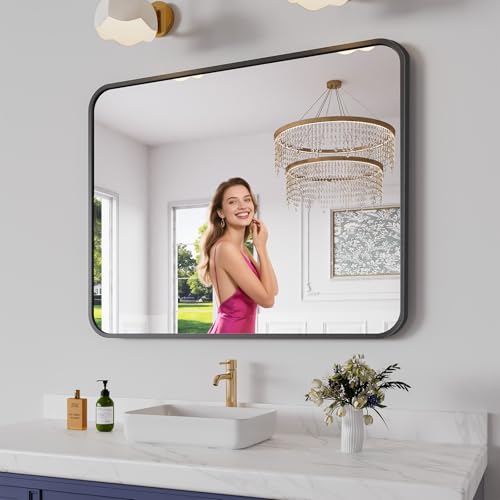 Black 40 Inch x 32 Inch Bathroom Wall Mirror - Brushed Metal Frame, Tempered Glass