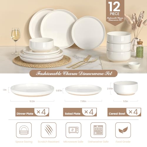 Dinnerware Set for 4 - 12 Pieces Plates and Bowls - Lead-Free & Dishwasher Safe
