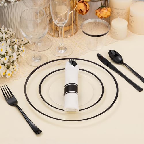 BESTSTAR Black and Clear Disposable Plastic Plate Set for 50 Guests - 350 Pieces