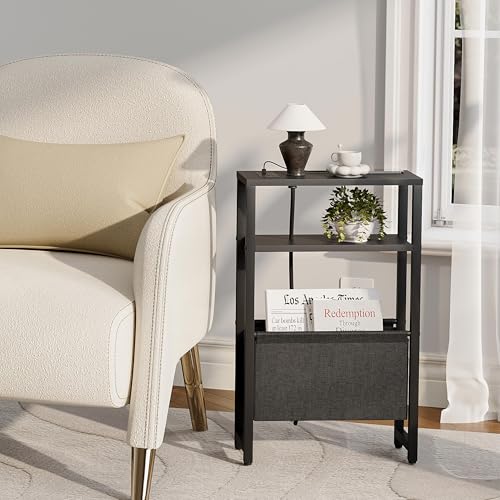 IRCPEN Black Narrow Side Table with Charging Station & Magazine Rack, 3-Tier Nightstand for Small Spaces