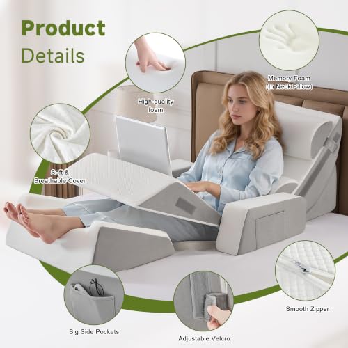 Yojoker 9PCS Wedge Pillow Set for Post-Surgery Support, Adjustable Full-Body Wedge Set in White-Grey