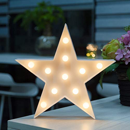 Novelty Place Star Marquee Sign Lights, Warm White LED Lamp - Living Room, Bedroom Table & Wall Christmas Decoration for Kids & Adults - Battery Powered 10 Inches High