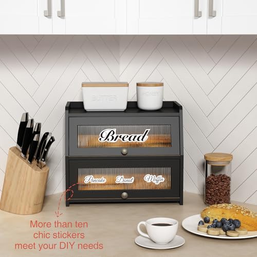 Goozii Black Large Double Layer Bread Box for Kitchen Countertop & Pantry Storage