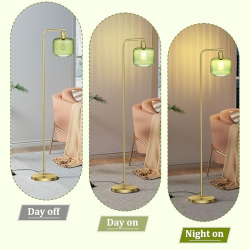 Green Ribbed Glass Floor Lamp - 66-Inch Tall Standing Lamp for Living Room - Gold Finish - Anti-Tip Base & Smart Foot Switch