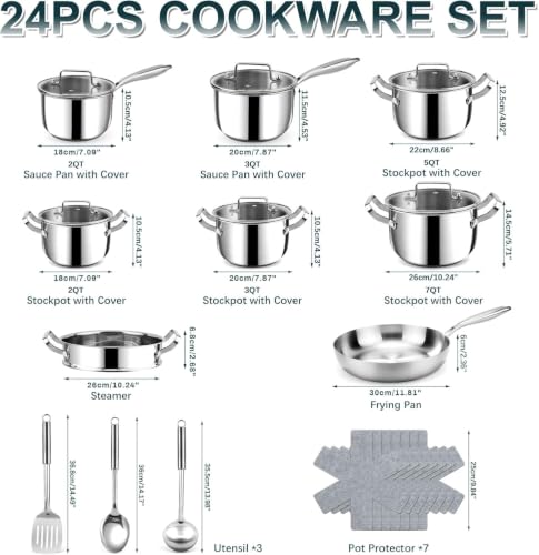 Fruikit 24-Piece Stainless Steel Cookware Set with Steamer & Heavy-Duty Pots & Pans