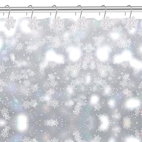 Christmas Shower Curtain Hooks,12pcs White Snowflake Shower Curtain Rings Resin Rust Resistant Winter Christmas Decoration for Bathroom Bedroom and Living Room