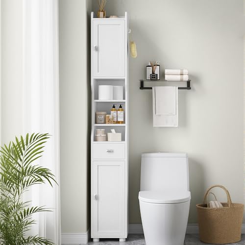 HEXCELEN Tall White Bathroom Storage Cabinet 11"D x 11"W x 70.9"H with Shelves