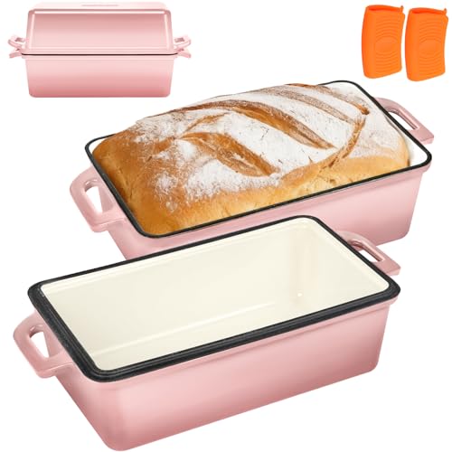 Wildone Pink Enameled Cast Iron Bread Loaf Pan Set with Lid 9x5 - Sourdough & Baking
