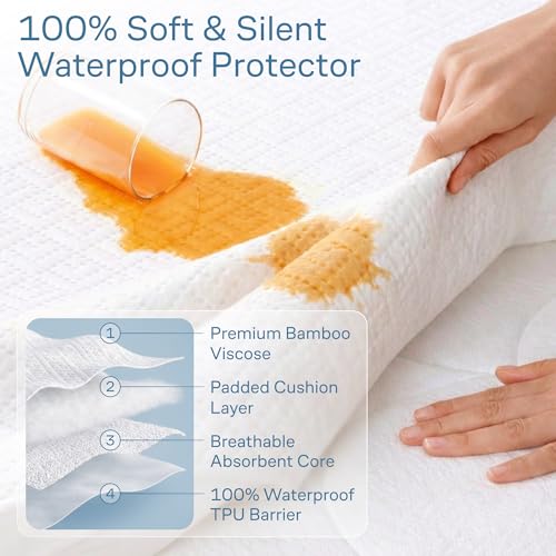 Waterproof King Mattress Protector White - 360 Spill & Stain Protection, Bamboo Viscose, Noiseless & Cooling