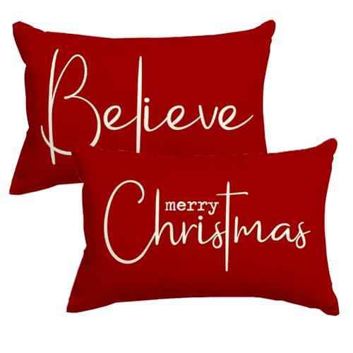 RABUSOFA Christmas Pillow Covers 12x20 Set of 2,Merry Christmas Believe Decoration Red Xmas Winter Holiday Lumbar Cushion Case for Home Sofa Couch