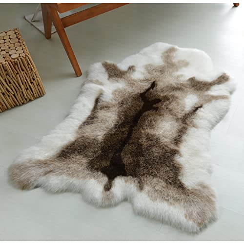 Reindeer Faux Sheepskin Rug 3.6x2.9 ft White & Grey Deer Animal Skin Accent