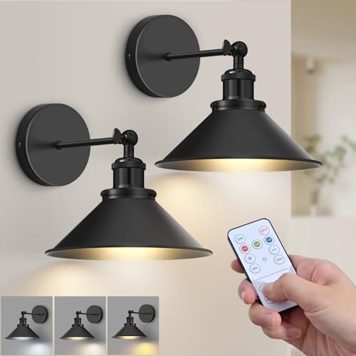 Battery Operated Wall Sconce Set of 2 - Black Wireless Dimmable LED Wall Lights with Remote