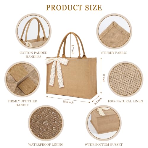 Large 6 Pack Burlap Tote Bag Set with Ribbon - Reusable Water-Resistant Grocery Bags