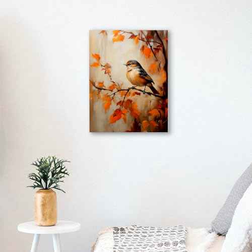 WODMIS Fall Bird Book Wall Decorations Framed Canvas Art, Rustic Autumn Maple Leaf Wall Decoration, Thanksgiving Harvest Decor Canvas Home Decorations for Living Room Kitchen Home Wall Decor 11x14