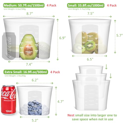 Reusable Silicone Food Storage Bags Set - Translucent 12 Pack (M+S+XS)