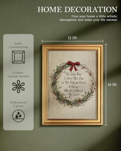 WHASAYART Framed 16x12 Christian Christmas Wreath Bow Wall Art – Vintage Style