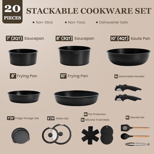 Black Nonstick Cookware Set - 20 Pack Stackable Pots & Pans with Detachable Handles