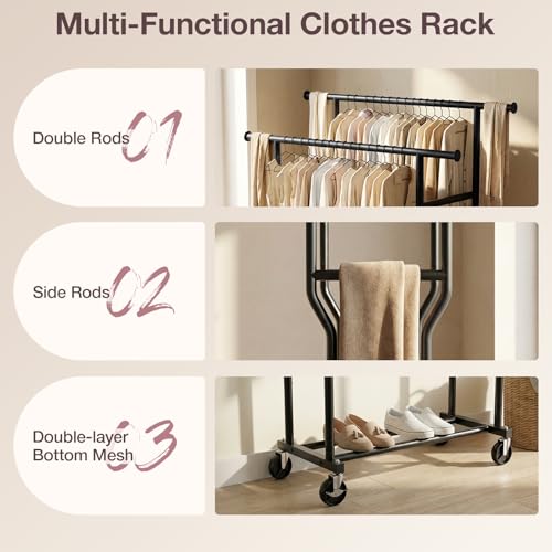 WATIOWL Black Double Rod Clothes Rack - Heavy Duty Portable Garment Storage with Wheels