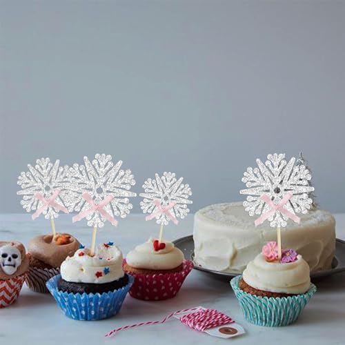 Pink Snowflake Cupcake Toppers 24Pcs Glitter Snowflake Cake Decorations Baby Shower Gender Reveal Winter Christmas Ephlyn