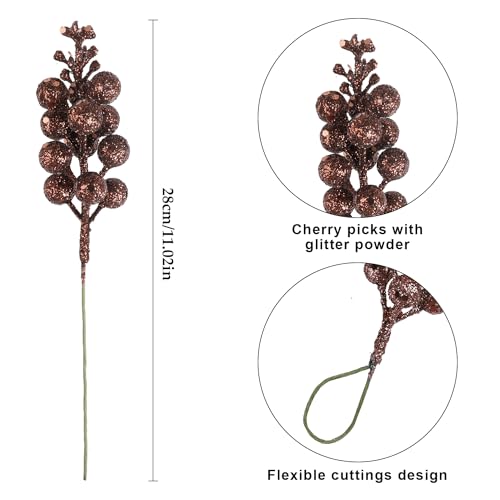 DIYASY Brown Glitter Berry Stems for Christmas Tree Decor, 20 Pcs