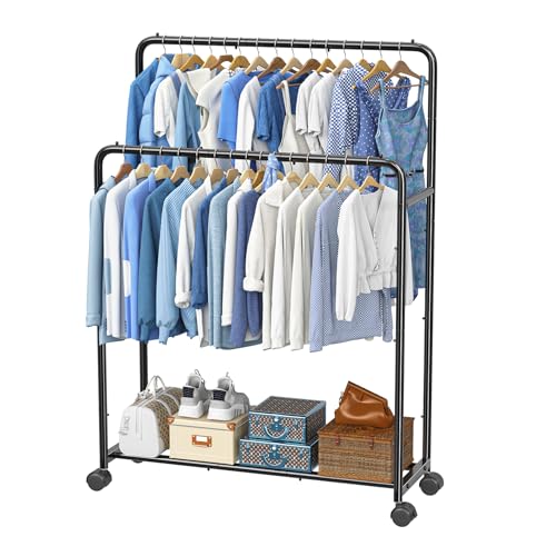 Clothing Rack Double Rod Garment Rack with Wheels - Black, Simple Trending