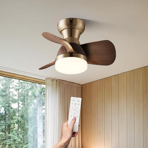20 Inch Brass Ceiling Fan with Remote, 3 ABS Blades, LED Light for Bedroom & Living Room