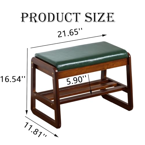 Solid Wood Shoe Bench with Cushion - 21.65 Inch Green Entryway Storage