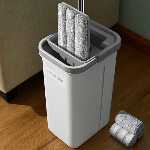 JOYMOOP White Lite133 Wall Mop and Bucket Set - Hands-Free Flat Floor Mop with 3 Washable Microfiber Pads for Home & Commercial Use