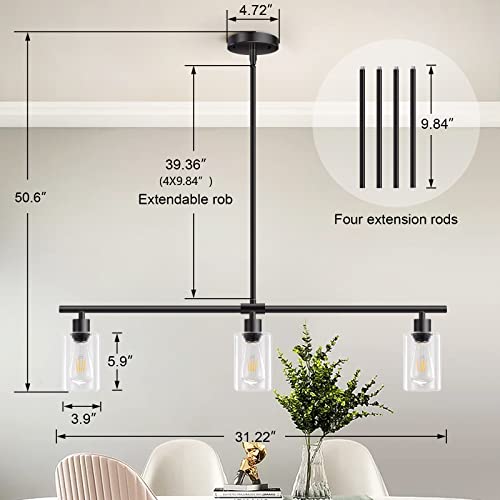 Black 3-Light Rectangular Kitchen Island Pendant Light with Glass Shades - Adjustable Height