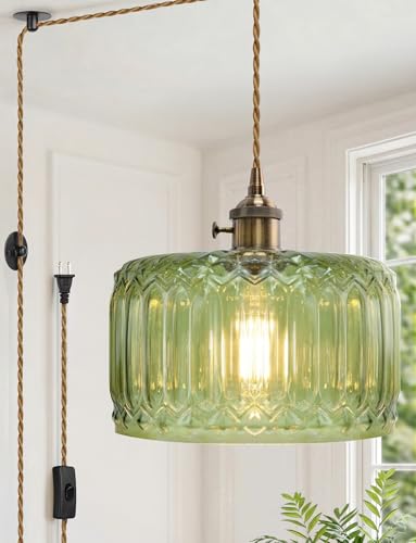10in Green Glass Pendant Light with Long Cord - Vintage Plug-in Hanging Lamp