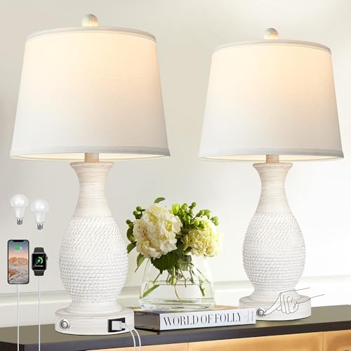 PARTPHONER Set of 2 Table Lamps with USB C+A Fast Charging Ports, 26"