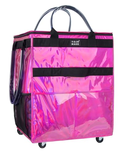 Large Glitter Pink Reusable Grocery Bag with Wheels - Foldable Rolling Tote