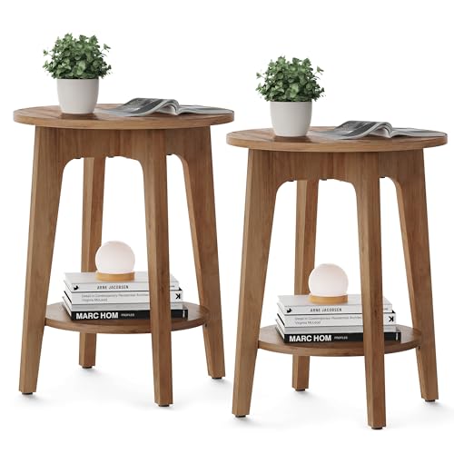 VASAGLE Honey Brown 2-Pack Round Side End Tables with Lower Shelf
