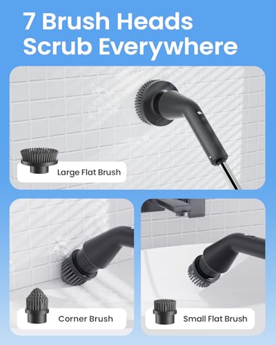 Leebein Black Cordless Electric Spin Scrubber with 7 Brush Heads - Waterproof Bathroom Cleaner