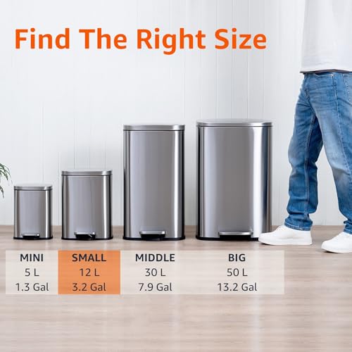 Amazon Basics 3.2 Gallon Small Trash Can Satin Nickel, Soft-Close Lid