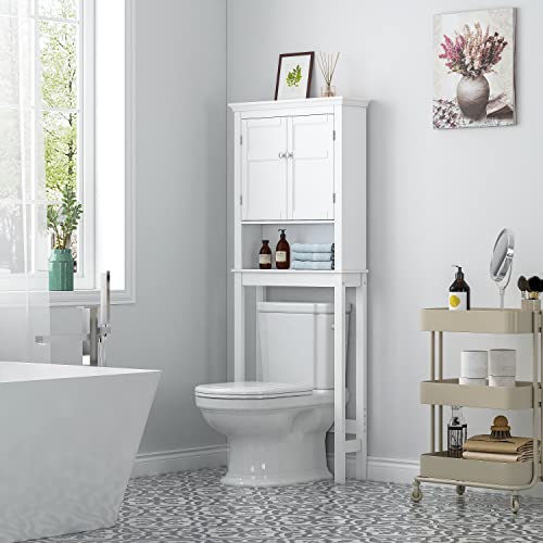 Over Toilet Storage Cabinet with Doors and Adjustable Shelf - White Bathroom Organizer