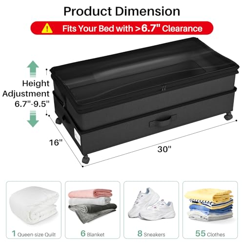 Kitstorack 2-Pack Height-Adjustable Under Bed Storage Containers with Wheels & Clear Window, Black