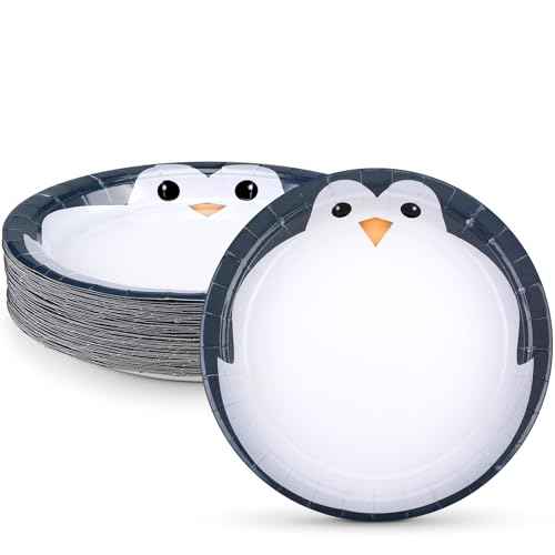 Sliner 50 Pcs Penguin Disposable Round Paper Plates 7 Inch Penguin Party Cake Plates Disposable Dinnerware Birthday Decorations for Picnic Christmas Party Supplies
