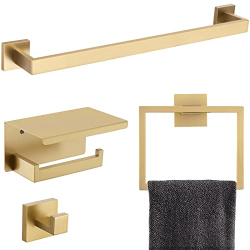 Brushed Dark Gold 4-Piece Bathroom Towel Bar Set - Wall Mounted Stainless Steel