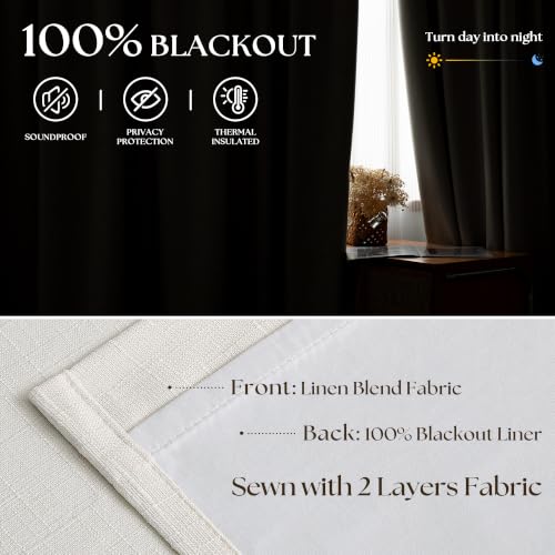 90 Inch Blackout Linen Curtains - Natural 50W x 90L Double Panel Set - Pinch Pleat, Full Privacy
