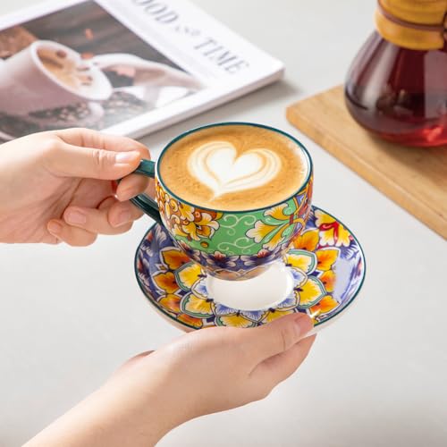 Vancasso 8oz Cappuccino Cups & Saucers Set - Porcelain Coffee Tea Cups, Vibrant Bohemian Design, Dishwasher & Microwave Safe, Set of 6