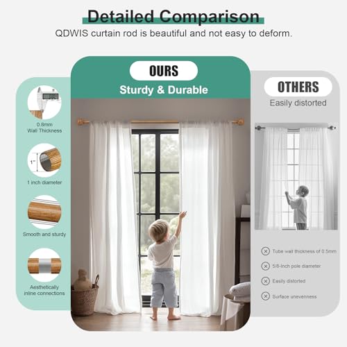 QDWIS Adjustable Wood Grain Curtain Rod Set 36-120 Inch with Leaf Finials - Wreath Branch Style